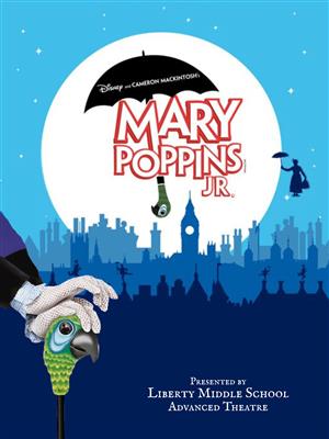 (classic London skyline with Mary Poppins in sky and umbrella over moon) Text: Mary Poppins, Jr.